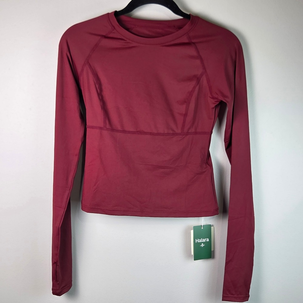 Halara Long Sleeve Crop Top Women S Burgundy New Athletic Workout Thumbhole Gym
